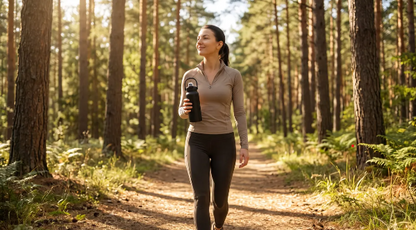 Termo deportivo en caminata por el bosque